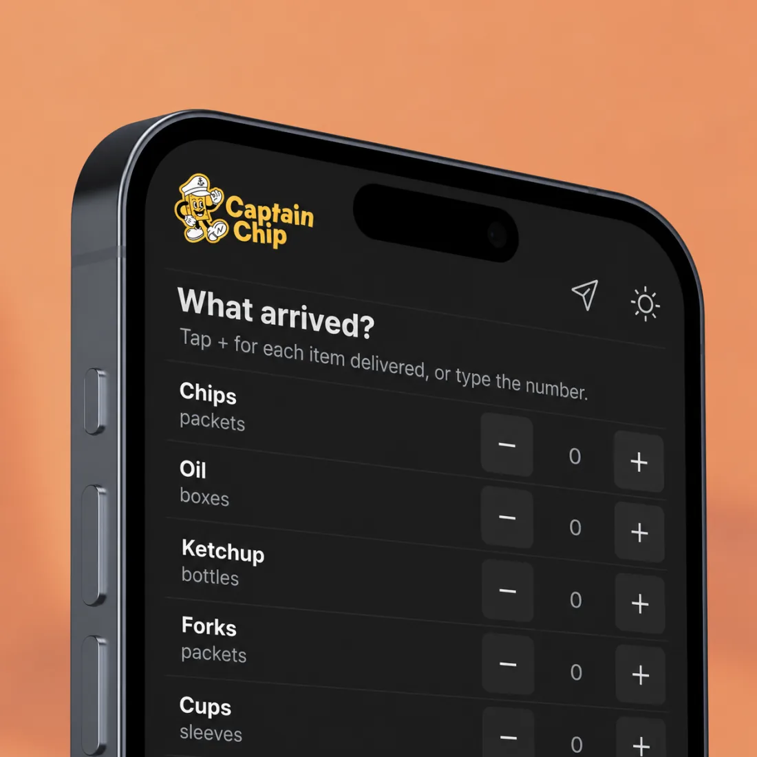 Captain Chip app on a phone, counting what arrived item by item