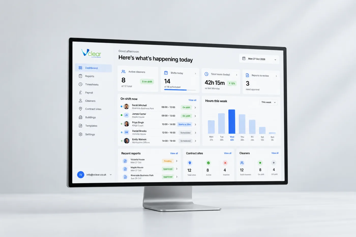 VClear dashboard shown on a desktop monitor