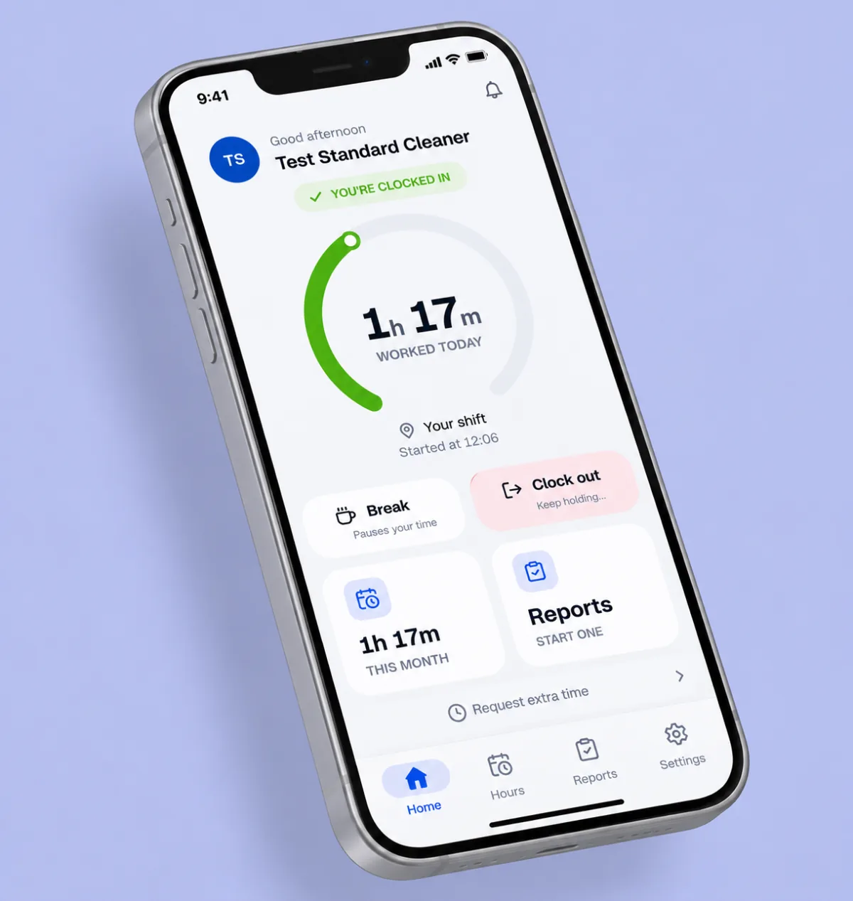 VClear time tracker on a phone, showing clocked-in status and hours worked