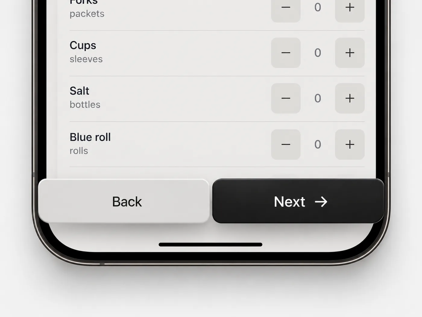 Captain Chip stock list with quantity steppers and Back and Next buttons