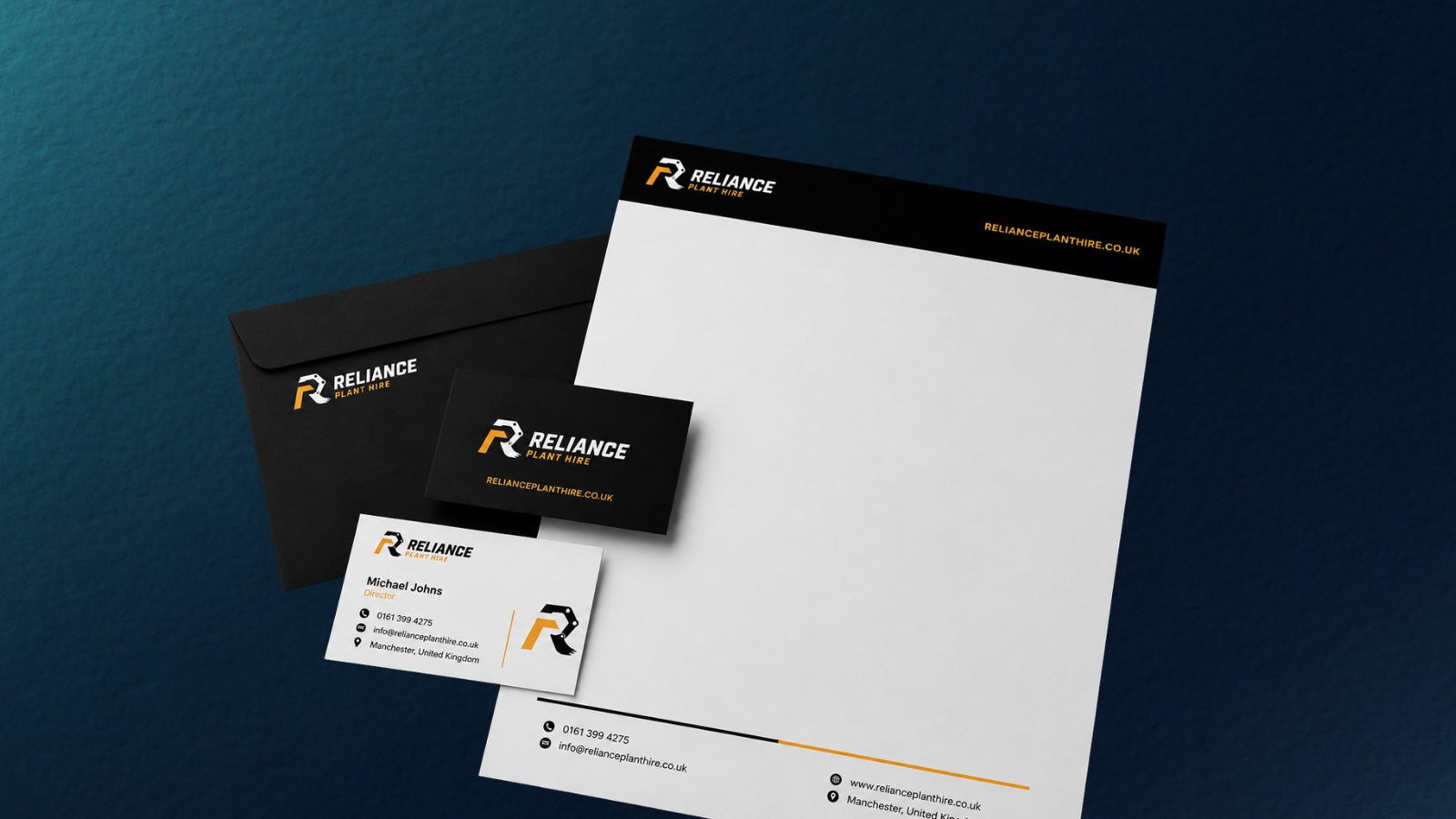 Branding collateral mock-up for Reliance Plant Hire