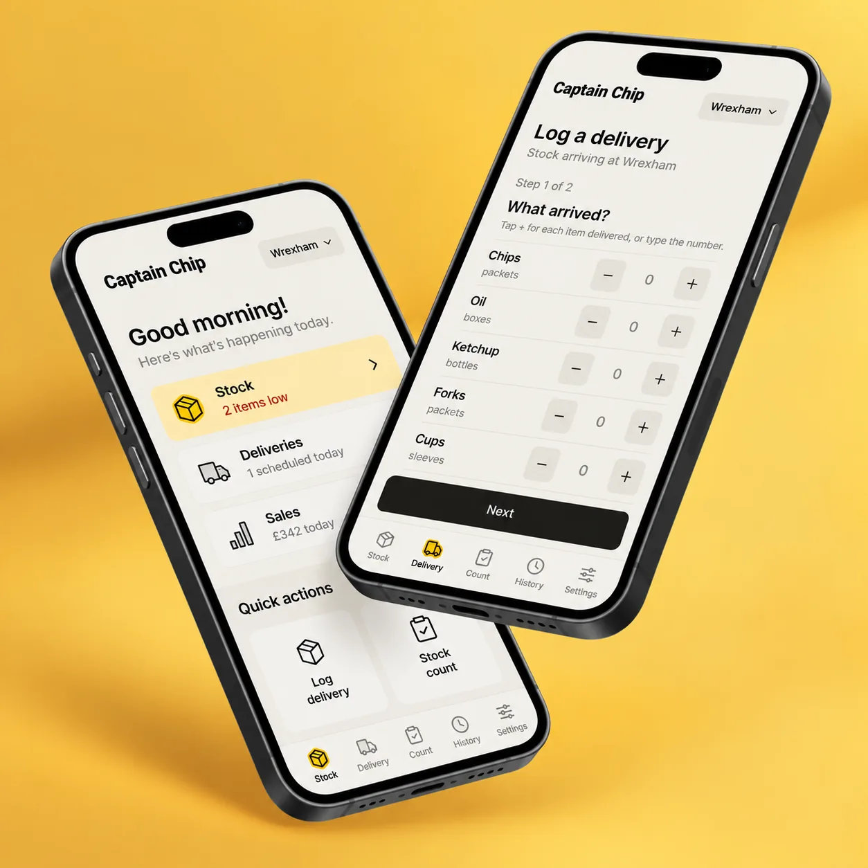 Captain Chip app on two phones, showing the day overview and logging a delivery