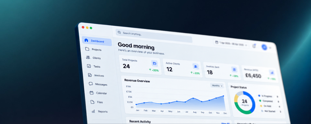 Custom software dashboard showing projects, clients and revenue overview
